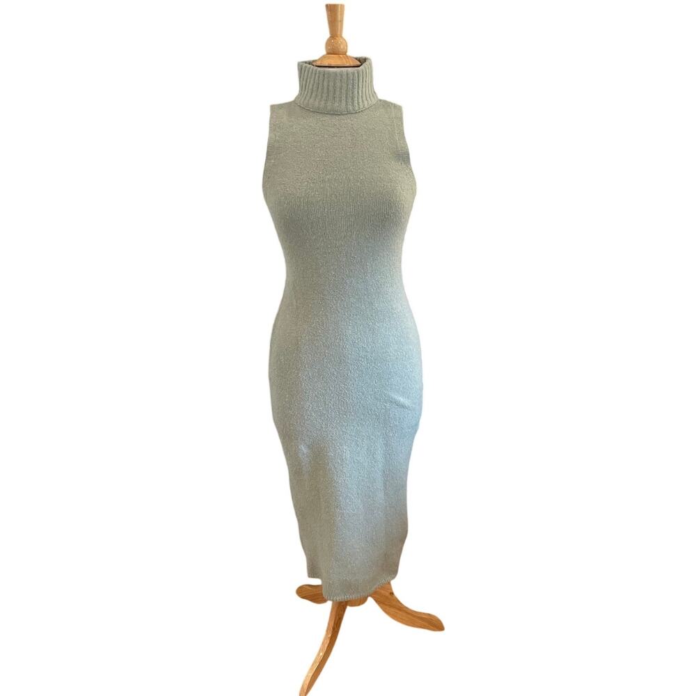 New Express Sage Green Sleeveless Mock Neck Sweater Dress, Midi, Fitted, M